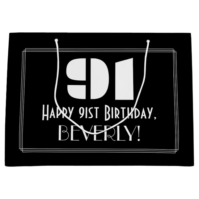 91st Birthday ~ Art Deco Inspired Look "91" + Name Large Gift Bag (Front)