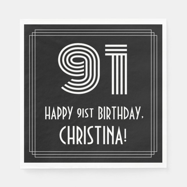 91st Birthday: Art Deco Inspired Look "91" + Name Napkin (Front)