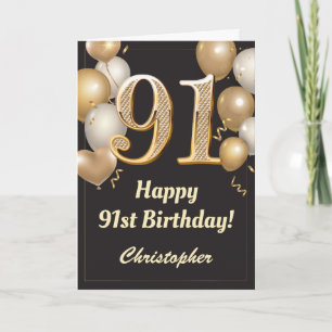 91st Birthday Black and Gold Balloons Confetti Card