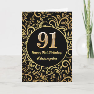 91st Birthday Black and Gold Floral Pattern Card
