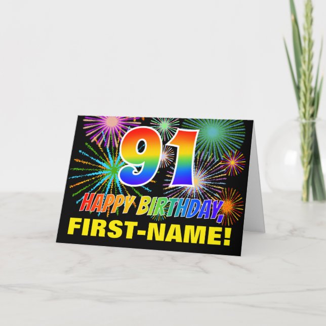 91st Birthday: Bold, Fun, Fireworks, Rainbow 91 Card (Front)
