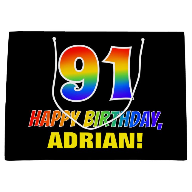 91st Birthday: Bold, Fun, Simple, Rainbow 91 Large Gift Bag (Front)
