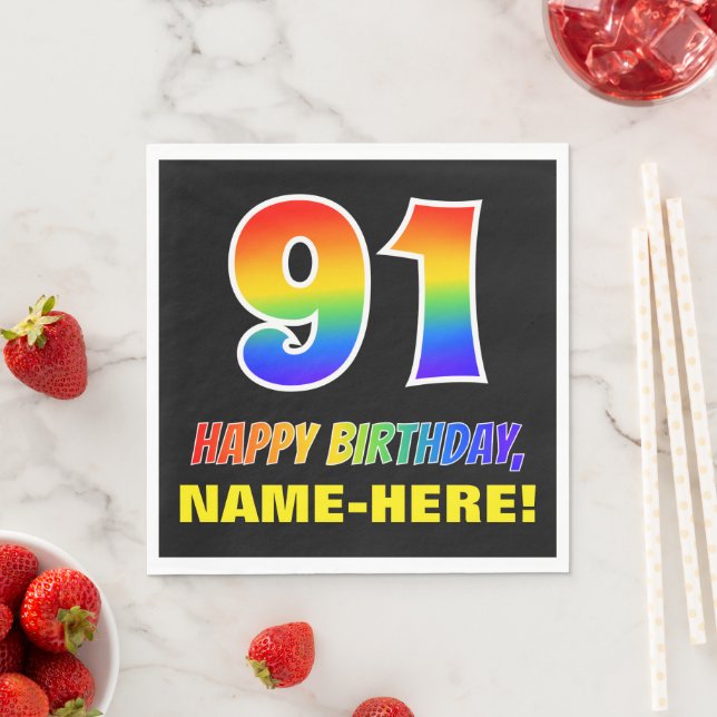 91st Birthday: Bold, Fun, Simple, Rainbow 91 Napkin (Insitu)