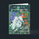 91st Birthday Card for Great-Grandmother - Garden<br><div class="desc">A floral 91st birthday card for a great-grandmother,  with poppies in a colourful flower bed,  from an oil pastel painting by Judy Adamson. Please contact me through my store if you would like the front cover text changed and feel free edit or delete the inside greeting yourself.</div>