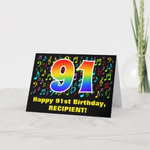 91st Birthday: Colorful Music Symbols & Rainbow 91 Card