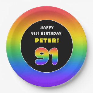 91st Birthday: Colorful Rainbow # 91, Custom Name Paper Plate