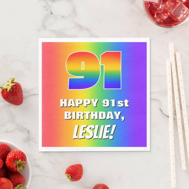 91st Birthday: Colourful, Fun Rainbow Pattern # 91 Napkin (Insitu)