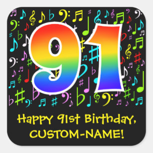 91st Birthday: Colourful Music Symbols, Rainbow 91 Square Sticker