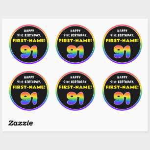 91st Birthday: Colourful Rainbow # 91, Custom Name Classic Round Sticker