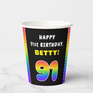 91st Birthday: Colourful Rainbow # 91, Custom Name Paper Cups