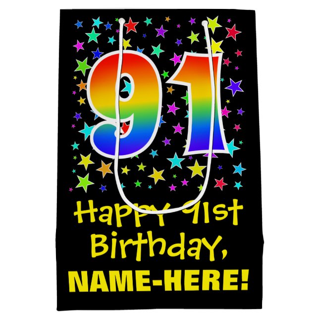 91st Birthday: Colourful Stars Pattern & Rainbow 9 Medium Gift Bag (Back)