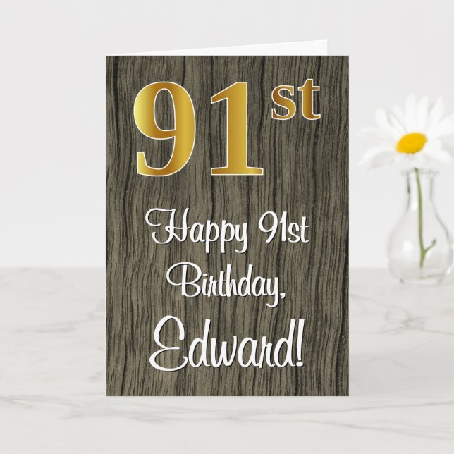 91st Birthday: Elegant Faux Gold Look #, Faux Wood Card (Small Plant)