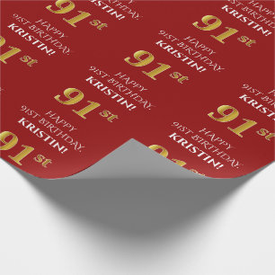 91st Birthday: Elegant, Red, Faux Gold Look Wrapping Paper