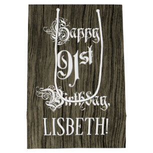 91st Birthday: Fancy, Faux Wood Look + Custom Name Medium Gift Bag
