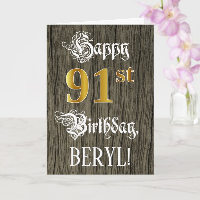 91st Birthday: Faux Gold Look + Faux Wood Pattern Card (Orchid)