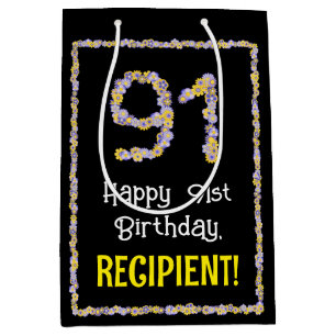 91st Birthday: Floral Flowers Number, Custom Name Medium Gift Bag