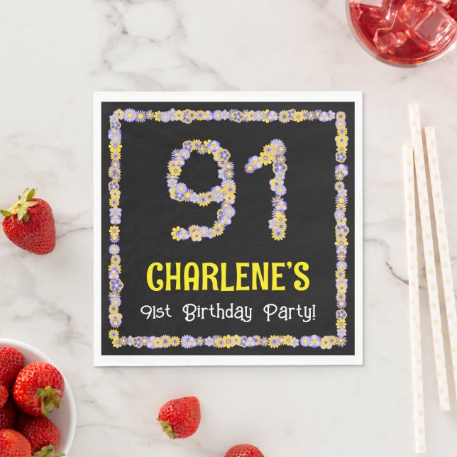 91st Birthday: Floral Flowers Number, Custom Name Napkin (Insitu)