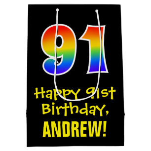 91st Birthday: Fun, Bold, Colourful, Rainbow "91" Medium Gift Bag