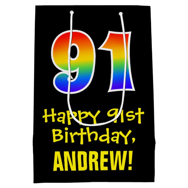 91st Birthday: Fun, Bold, Colourful, Rainbow "91" Medium Gift Bag (Back)