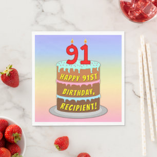 91st Birthday: Fun Cake and Candles + Custom Name Napkin