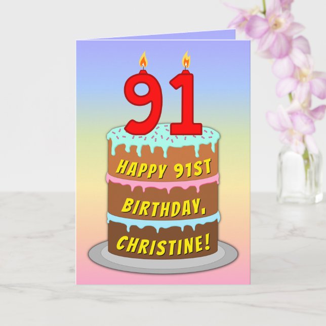 91st Birthday — Fun Cake & Candles, w/ Custom Name Card (Orchid)
