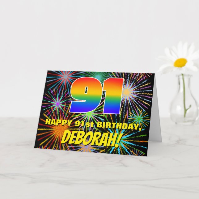91st Birthday: Fun, Colourful Celebratory Firework Card (Small Plant)