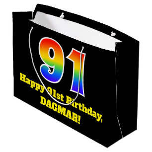 91st Birthday ~ Fun, Colourful, Vibrant, Rainbow 9 Large Gift Bag