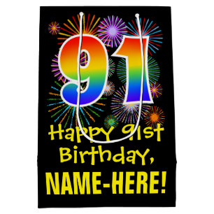 91st Birthday: Fun Fireworks Pattern + Rainbow 91 Medium Gift Bag
