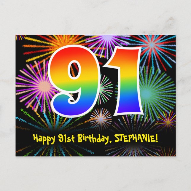 91st Birthday – Fun Fireworks Pattern + Rainbow 91 Postcard (Front)