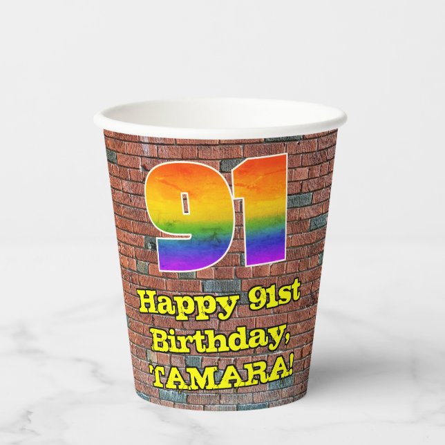 91st Birthday: Fun Graffiti-Inspired Rainbow 91 Paper Cups (Front)