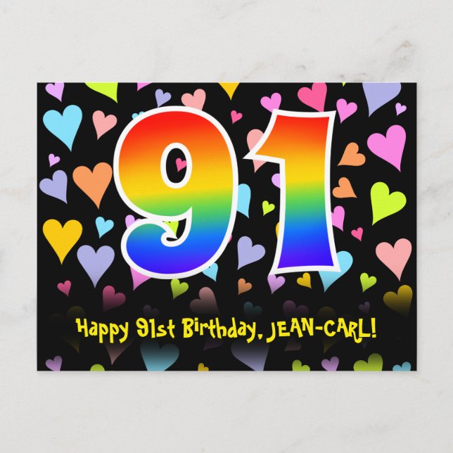 91st Birthday: Fun Hearts Pattern, Rainbow 91 Postcard (Front)