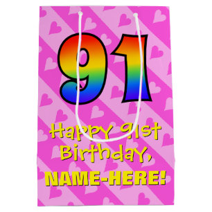91st Birthday: Fun Pink Hearts Stripes; Rainbow 91 Medium Gift Bag