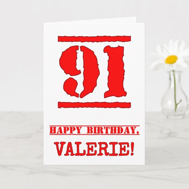 91st Birthday: Fun, Red Rubber Stamp Inspired Look Card (Small Plant)