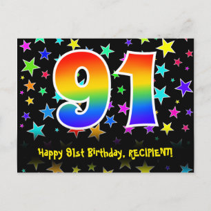 91st Birthday: Fun Stars Pattern, Rainbow 91, Name Postcard