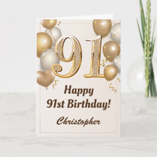 91st Birthday Gold Balloons and Confetti Birthday Card