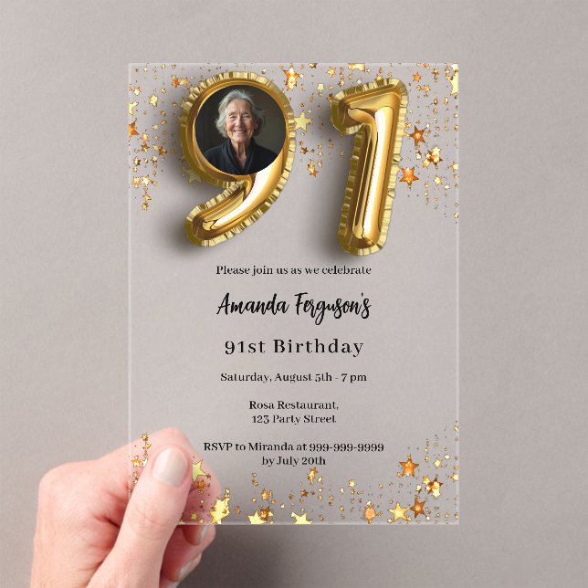 91st birthday gold photo stars clear acrylic invitations (Insitu (Handheld))