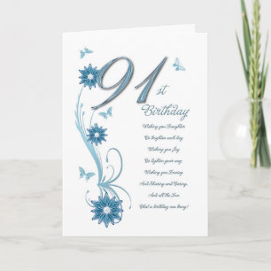 91st birthday in teal with flowers and butterfly card