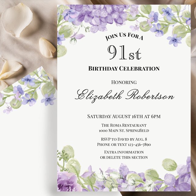 91st Birthday Invitation Elegant Purple Floral (Creator Uploaded)