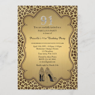 91st Birthday invitation, numbers diamonds,Cheetah Invitation