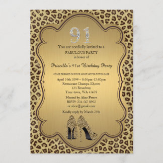 91st Birthday invitation, numbers diamonds,Cheetah Invitation