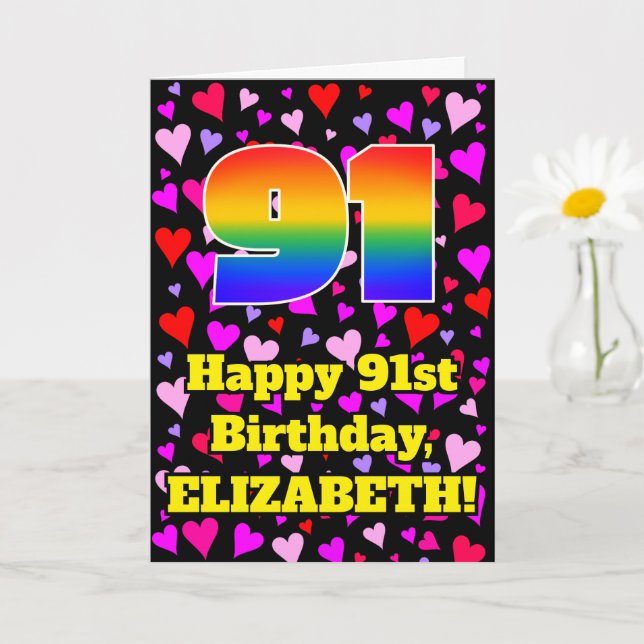 91st Birthday: Loving Hearts Pattern, Rainbow # 91 Card (Small Plant)