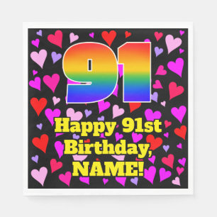 91st Birthday: Loving Hearts Pattern, Rainbow # 91 Napkin