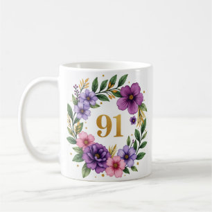 91st Birthday Mug – Floral Wreath with Gold Number