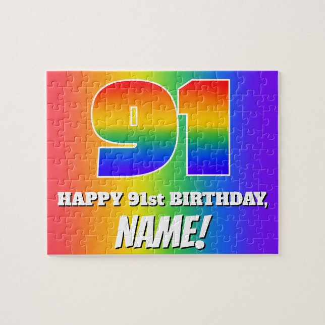 91st Birthday — Multicolored Rainbow Pattern “91” Jigsaw Puzzle (Horizontal)