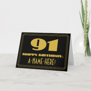 91st Birthday: Name + Art Deco Inspired Look "91" Card