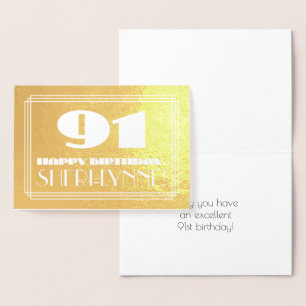 91st Birthday: Name + Art Deco Inspired Look "91" Foil Card