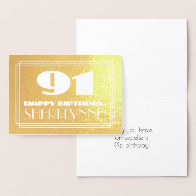 91st Birthday: Name + Art Deco Inspired Look "91" Foil Card (Display)