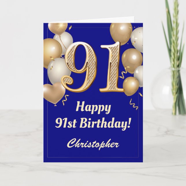 91st Birthday Navy Blue and Gold Balloons Confetti Card (Front)