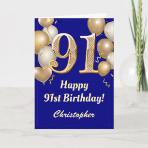 91st Birthday Navy Blue and Gold Balloons Confetti Card