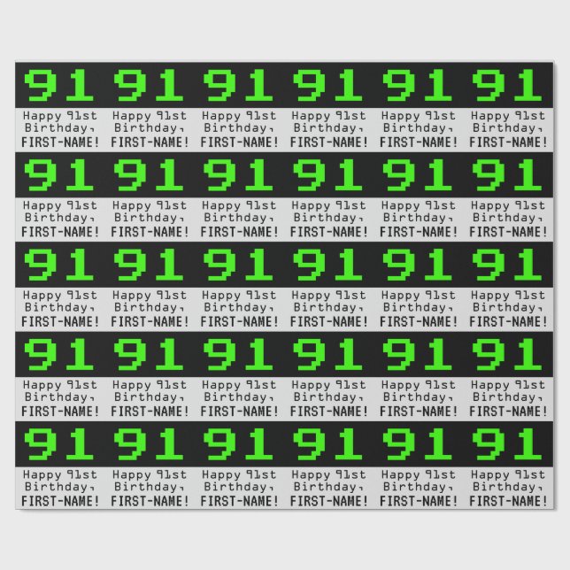 91st Birthday - Nerdy / Geeky Style "91" and Name Wrapping Paper (Flat)